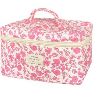 Pink Large Quilted Floral Makeup Bag Cute Soft Coquette Aesthetic Cosmetic Bag C
